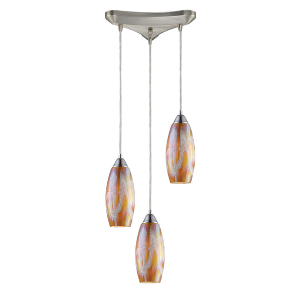 Iridescence 3 Light Pendant In Satin Nickel And Golden Glass