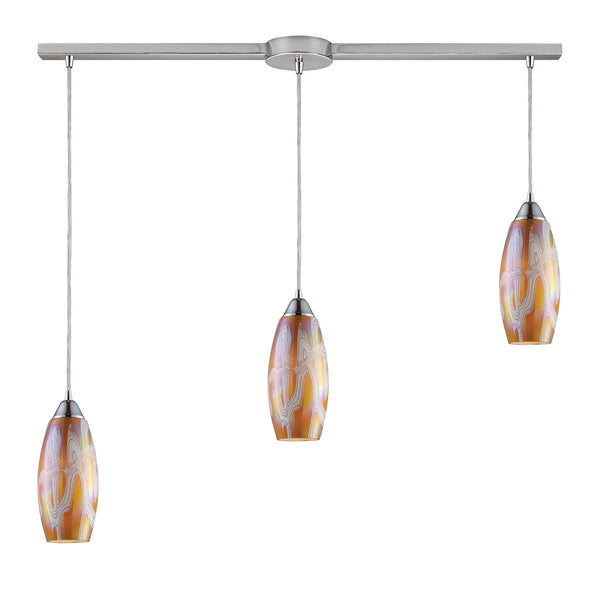 Iridescence 3 Light Pendant In Satin Nickel And Golden Glass