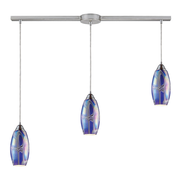 Iridescence 3 LED Light Pendant In Satin Nickel And Storm Blue Glass