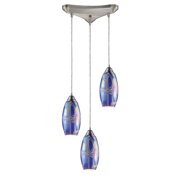 Iridescence 3 LED Light Pendant In Satin Nickel And Storm Blue Glass