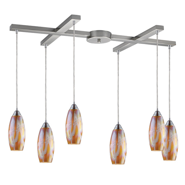 Iridescence 6 Light Pendant In Satin Nickel And Golden Glass