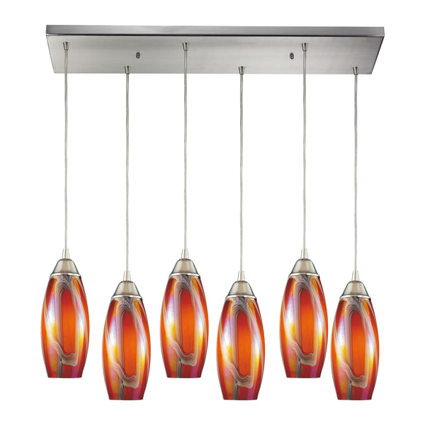 Iridescence 6 Light Pendant In Satin Nickel And Golden Glass