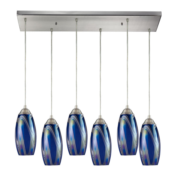Iridescence 6 Light Pendant In Satin Nickel And Storm Blue Glass
