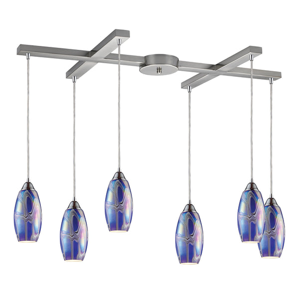 Iridescence 6 LED Light Pendant In Satin Nickel And Storm Blue Glass