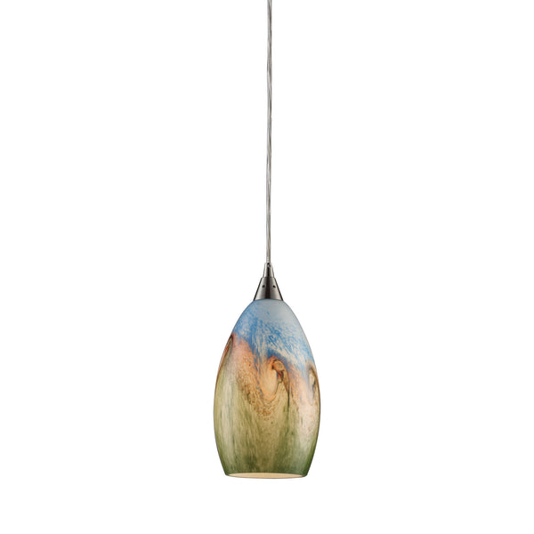 Geologic 1 Light LED Pendant In Satin Nickel And Multicolor Glass