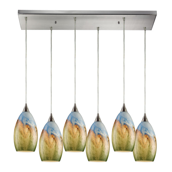 Geologic 6 LED Light Pendant In Satin Nickel And Multicolor Glass
