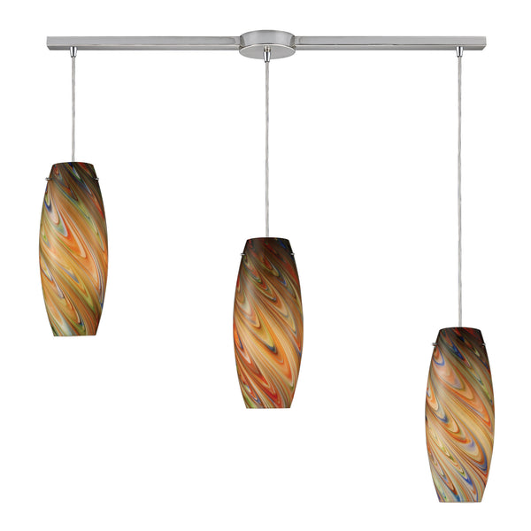 Vortex 3 Light Pendant In Satin Nickel And Rainbow Glass