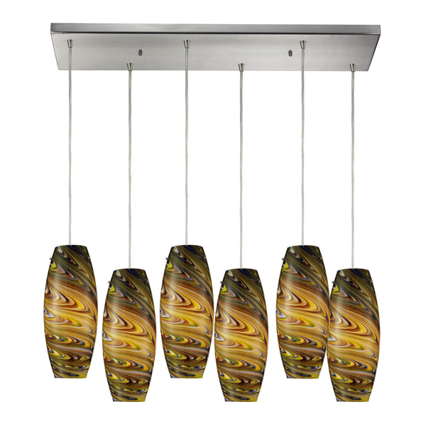 Vortex 6 Light Pendant In Satin Nickel And Celestial Glass