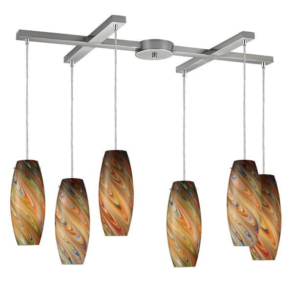 Vortex 6 Light Pendant In Satin Nickel And Rainbow Glass