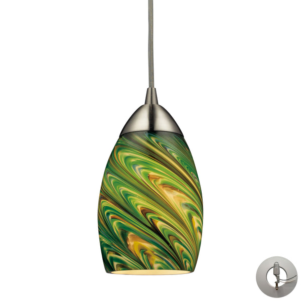 Mini Vortex 1 Light Pendant In Satin Nickel And Evergreen Glass - Includes Recessed Lighting Kit