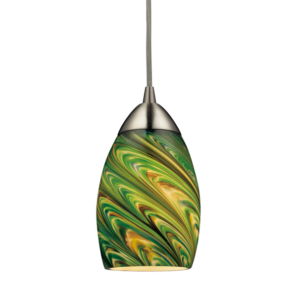 Mini Vortex 1 Light LED Pendant In Satin Nickel And Evergreen Glass
