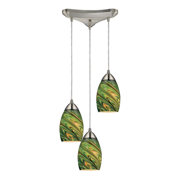 Mini Vortex 3 Light Pendant In Satin Nickel And Evergreen Glass