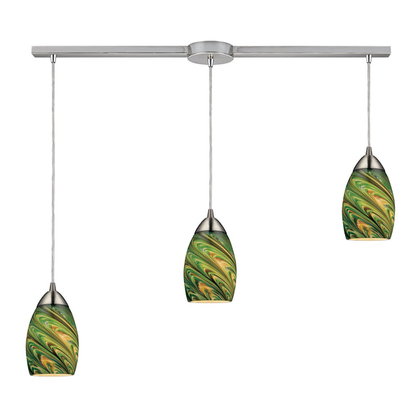 Mini Vortex 3 Light Pendant In Satin Nickel And Evergreen Glass
