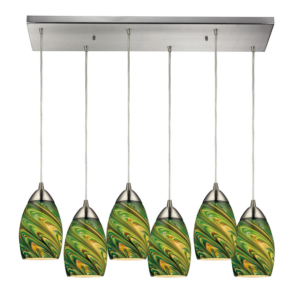 Mini Vortex 6 Light Pendant In Satin Nickel And Evergreen Glass