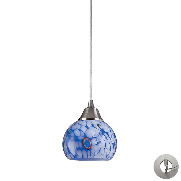Mela 1 Light Pendant In Satin Nickel And Starburst Blue Glass - Includes Recessed Lighting Kit