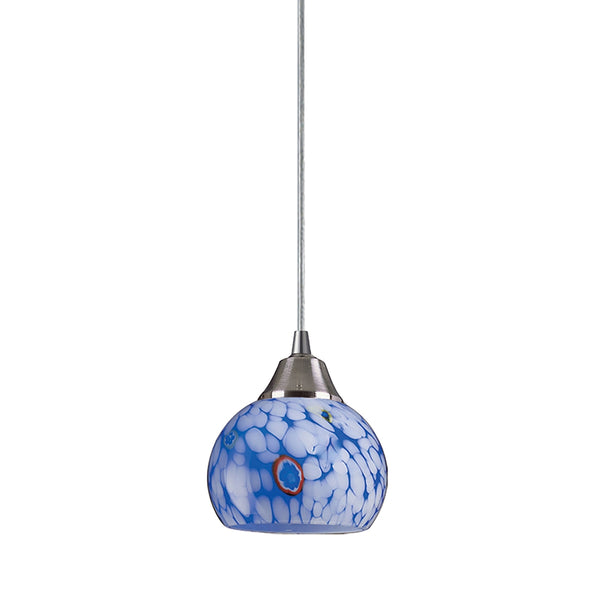 Mela 1 Light Pendant In Satin Nickel And Starburst Blue Glass