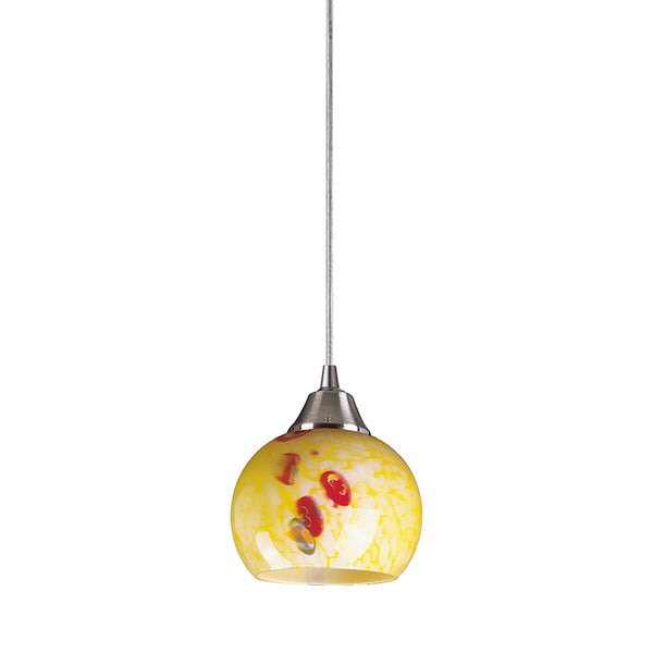 Mela 1 Light LED Pendant In Satin Nickel And Yellow Blaze Glass