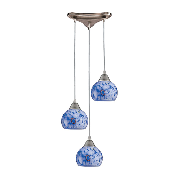Mela 3 Light Pendant in Satin Nickel And Starburst Blue Glass