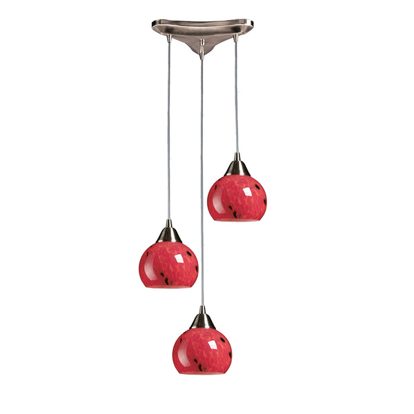 Mela 3 Light Pendant In Satin Nickel And Fire Red