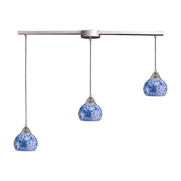 Mela 3 Light Pendant In Satin Nickel And Starburst Blue Glass