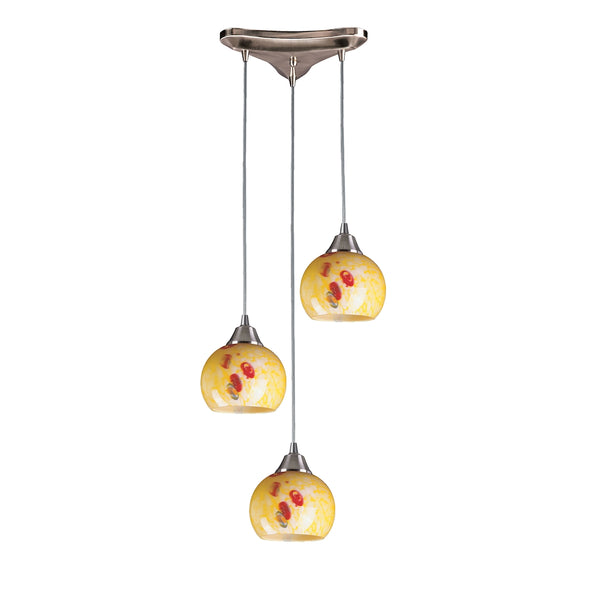 Mela 3 Light Pendant In Satin Nickel And Yellow Blaze
