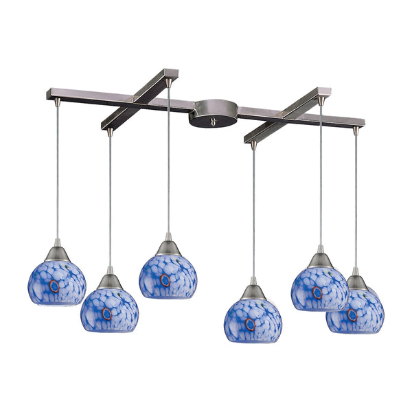 Mela 6 Light Pendant In Satin Nickel And Starburst Blue Glass