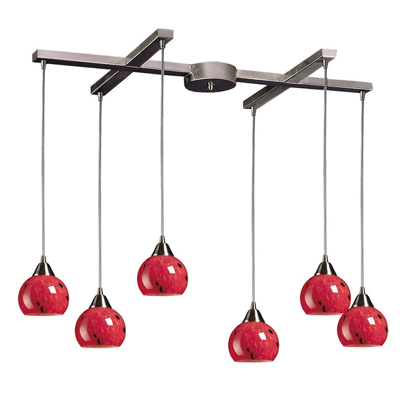Mela 6 Light Pendant In Satin Nickel And Fire Red Glass