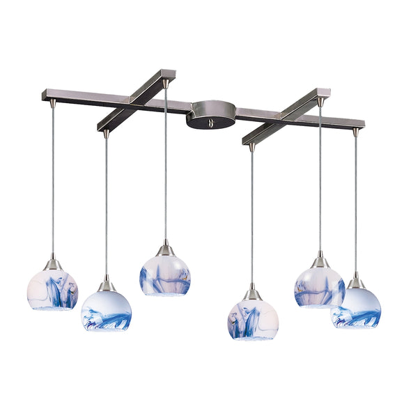 Mela 6 Light Pendant In Satin Nickel And Mountain Glass