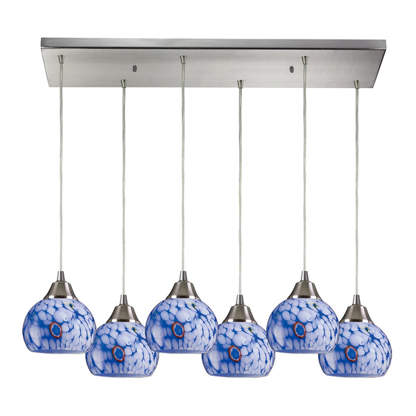 Mela 6 Light Pendant In Satin Nickel And Starburst Blue Glass