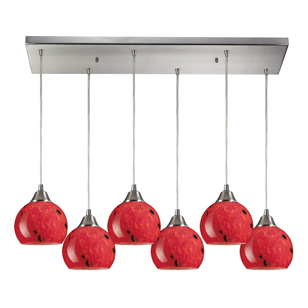 Mela 6 Light Pendant In Satin Nickel And Fire Red Glass