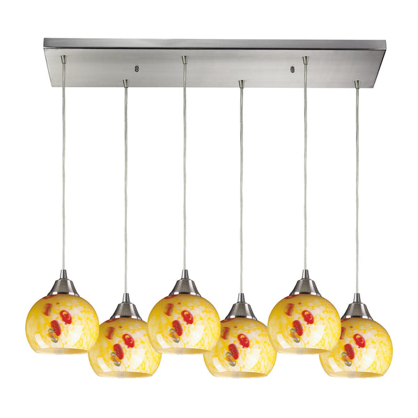 Mela 6 Light Pendant In Satin Nickel And Yellow Blaze Glass