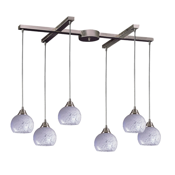Mela 6 Light Pendant In Satin Nickel And Snow White Glass