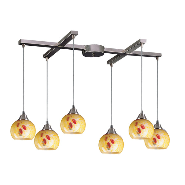Mela 6 Light Pendant In Satin Nickel And Yellow Blaze Glass