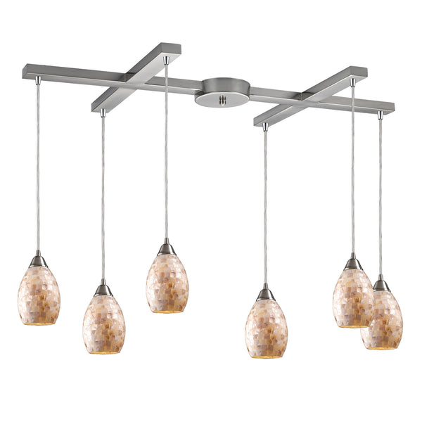 Capri 6 LED Light Pendant In Satin Nickel And Capiz Shell