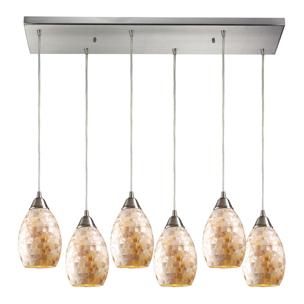 Capri 6 LED Light Pendant In Satin Nickel And Capiz Shell