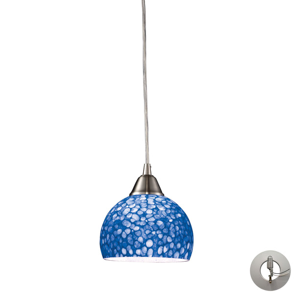 Cira 1 Light Pendant In Satin Nickel With Pebbled Blue Glass - Includes Recessed Lighting Kit