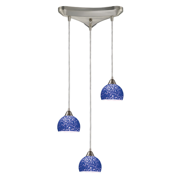 Cira 3 LED Light Pendant In Satin Nickel With Pebbled Blue Glass