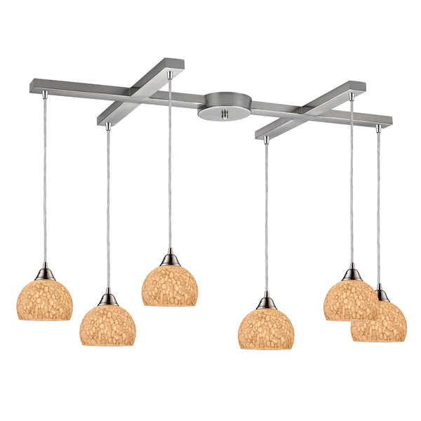 Cira 6 Light Pendant In Satin Nickel And Pebbled Gray-White Glass