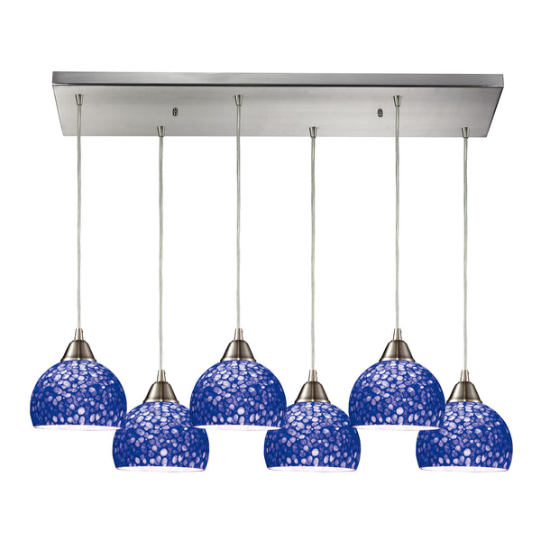 Cira 6 LED Light Pendant In Satin Nickel And Pebbled Blue Glass