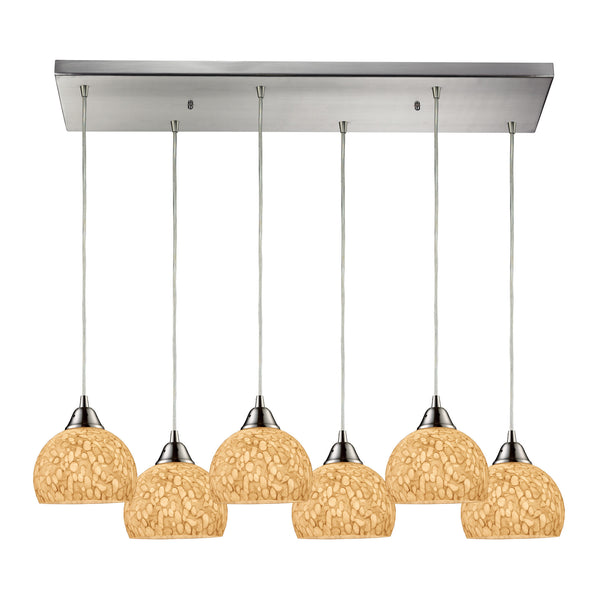 Cira 6 Light Pendant In Satin Nickel Pebbled Gray-White Glass