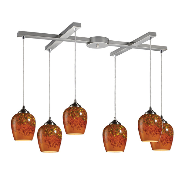 Claudio 6 Light Pendants In Satin Nickel And Autumn Glass