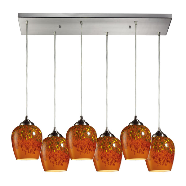 Claudio 6 Light Pendants In Satin Nickel And Autumn Glass