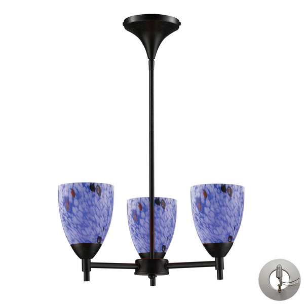 Celina 3 Light Chandelier In Dark Rust And Starburst Blue Glass - Includes Recessed Lighting Kit