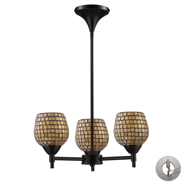Celina 3 Light Chandelier In Dark Rust And Gold Leaf Glass - Includes Recessed Lighting Kit