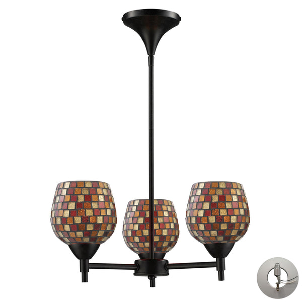 Celina 3 Light Chandelier In Dark Rust And Multi Fusion Glass - Includes Recessed Lighting Kit