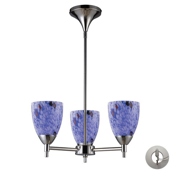 Celina 3 Light Chandelier In Polished Chrome And Starburst Blue Glass - Includes Recessed Lighting Kit