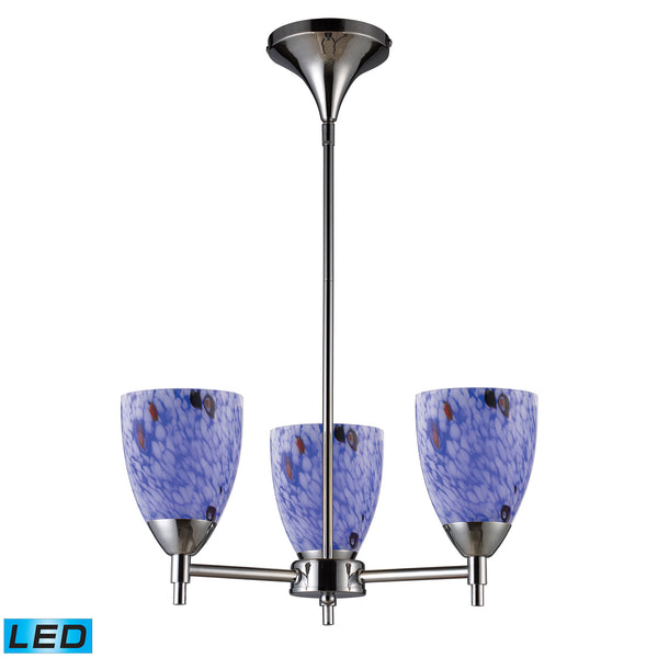 Celina 3 Light LED Chandelier In Polished Chrome And Starburst Blue Glass