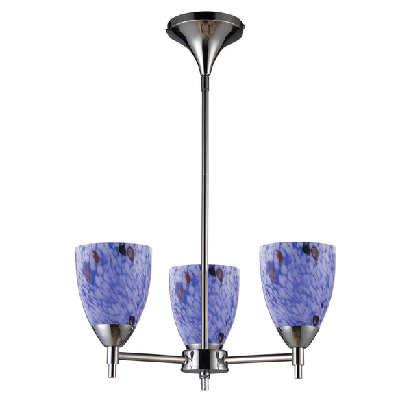 Celina 3 Light Chandelier In Polished Chrome And Starburst Blue Glass