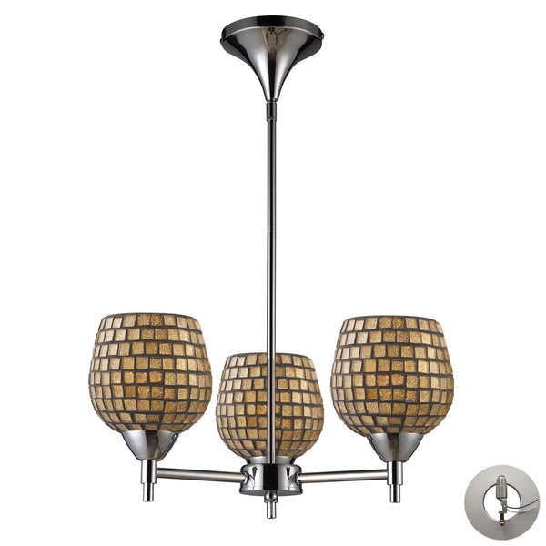 Celina 3 Light Chandelier In Polished Chrome And Gold Leaf Glass - Includes Recessed Lighting Kit
