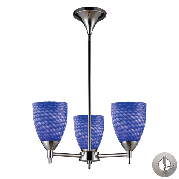 Celina 3 Light Chandelier In Polished Chrome And Sapphire Glass - Includes Recessed Lighting Kit